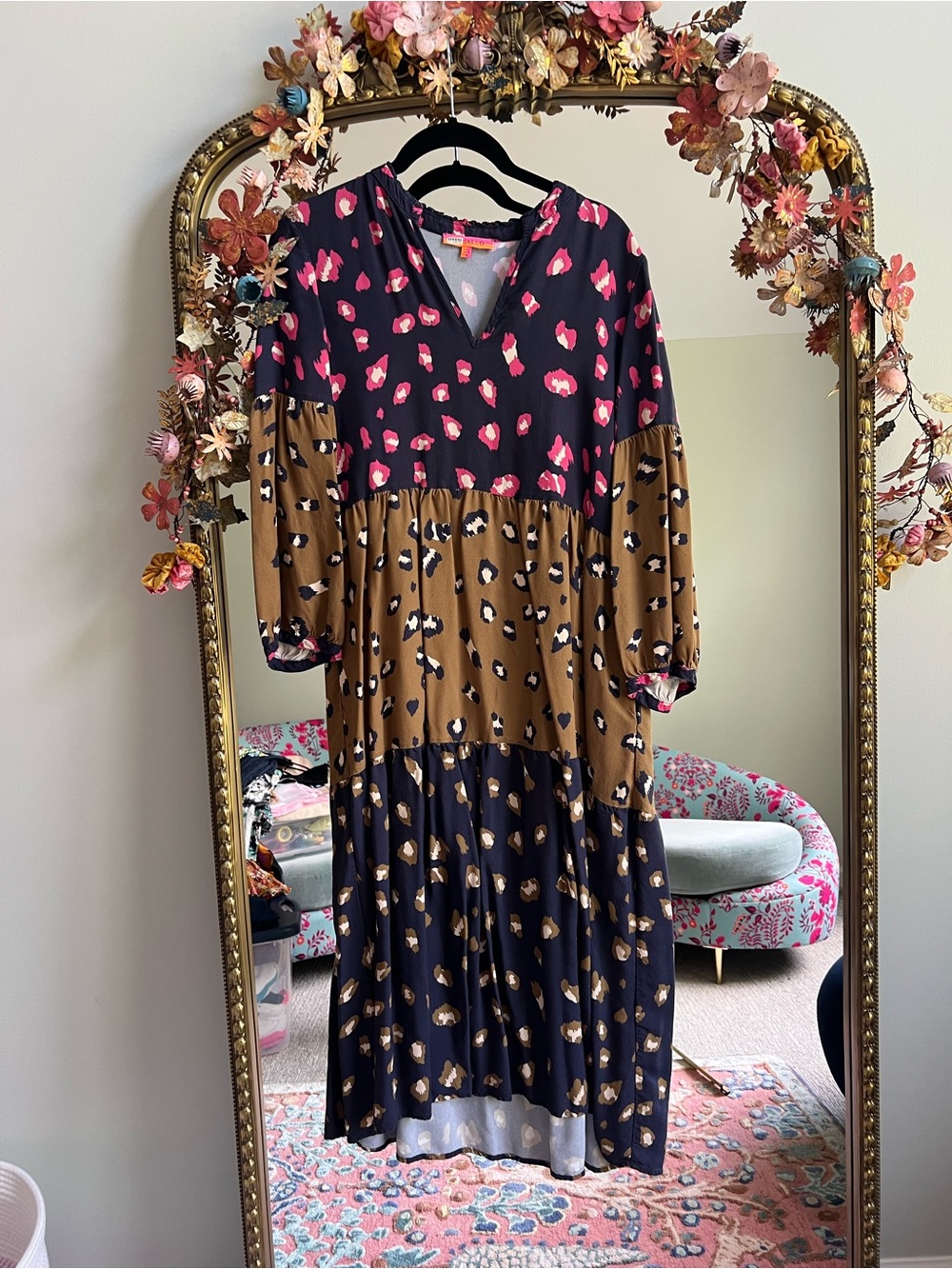 Vilagallo Multicolor Tiered Midi Dress - Black, Brown, Pink